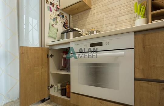 угловая акриловая кухня и ДСП под дерево в светлых отттенках и современном стиле на заказ 