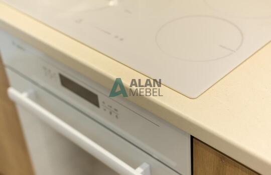 угловая акриловая кухня и ДСП под дерево в светлых отттенках и современном стиле на заказ 