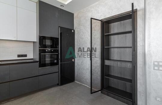 Угловая кухня под дерево с подсветкой и барной стойкой 