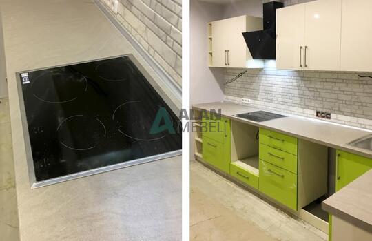 глянцевая Г-образная кухня с белым верхом, салатовым низом и серой столешницей на заказ 