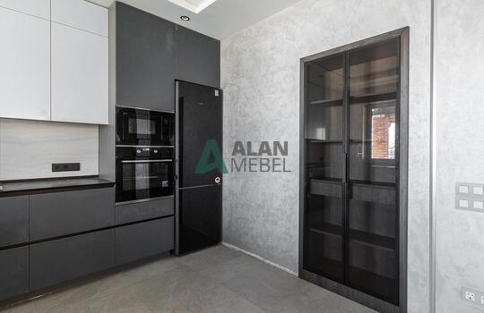 Угловая кухня под дерево с подсветкой и барной стойкой 