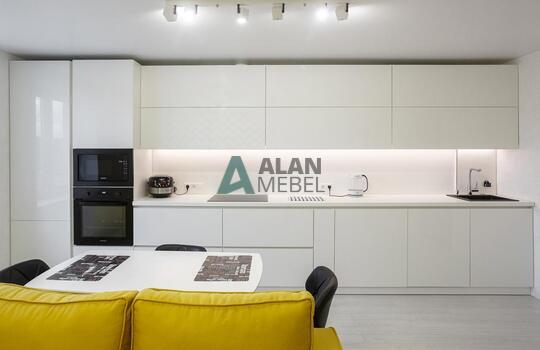 Современная прямая глянцевая акриловая кухня без ручек 