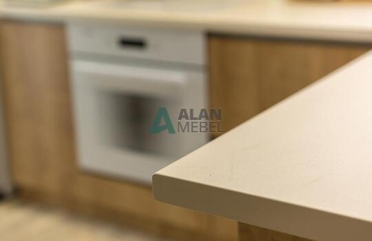 угловая акриловая кухня и ДСП под дерево в светлых отттенках и современном стиле на заказ 