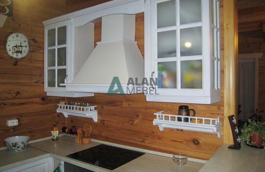 белая п-образная кухня из натурального дерева с барной стойкой на заказ 