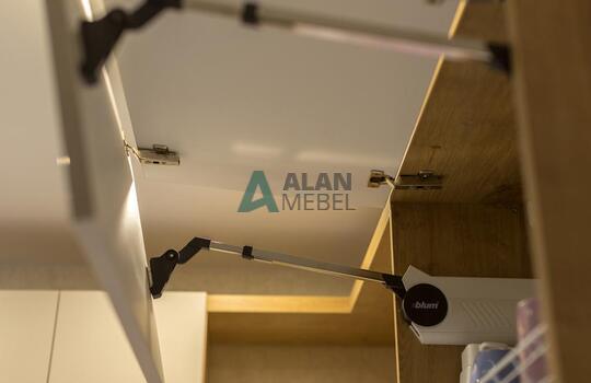 угловая акриловая кухня и ДСП под дерево в светлых отттенках и современном стиле на заказ 