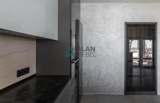 Угловая кухня под дерево с подсветкой и барной стойкой 